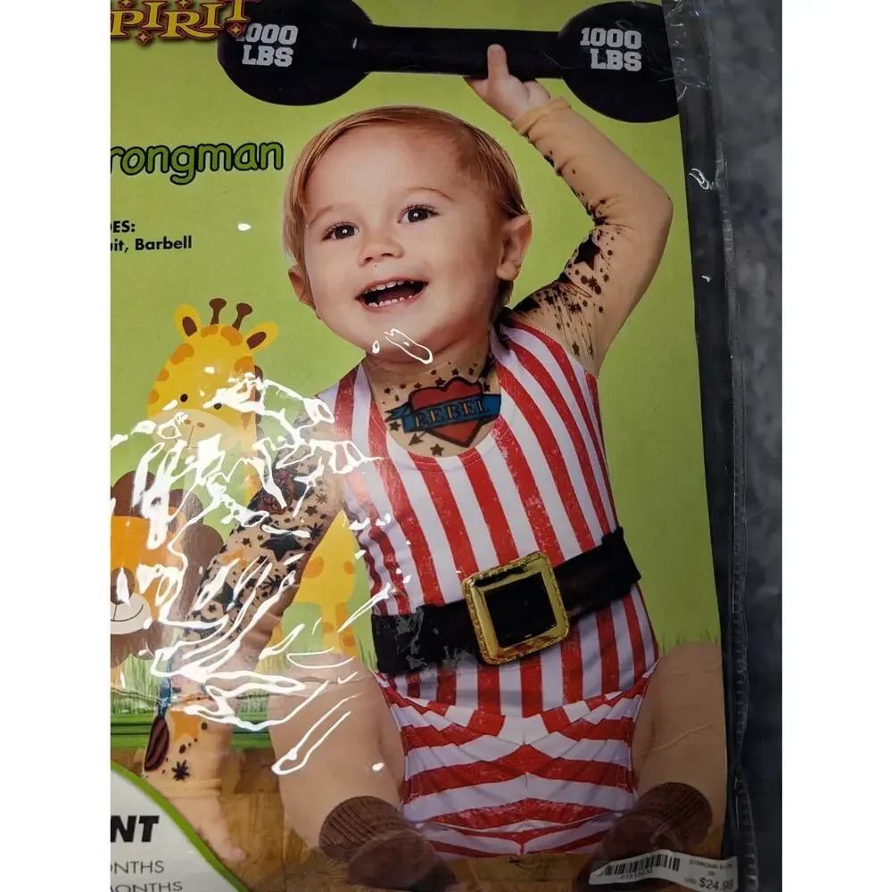 NEW! Spirit Halloween Strongman Infant Costume Jumpsuit With Barbell Size 6-12 M - Picture 11 of 12
